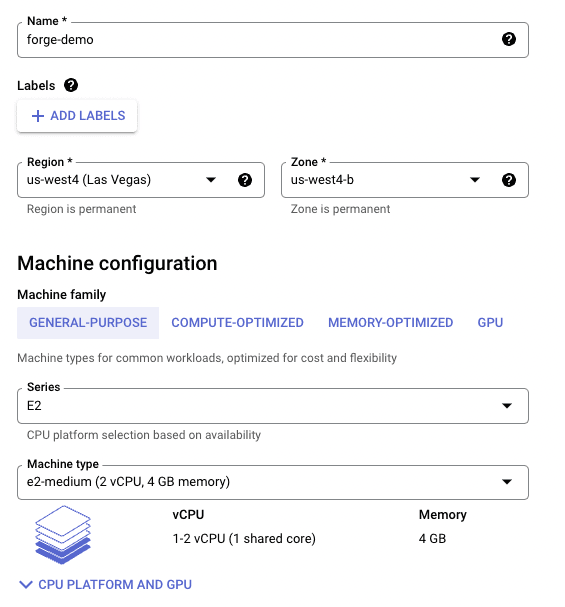 "Screenshot showing the interface for creating GCP VM"