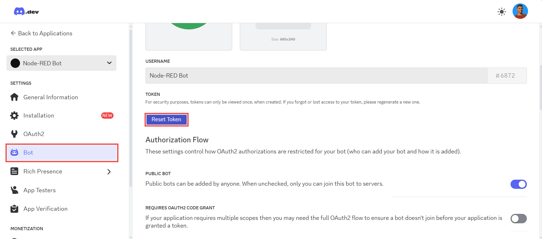 Screenshot showing the 'bot' sidebar option and 'reset token' button "Screenshot showing the 'bot' sidebar option and 'reset token' button"