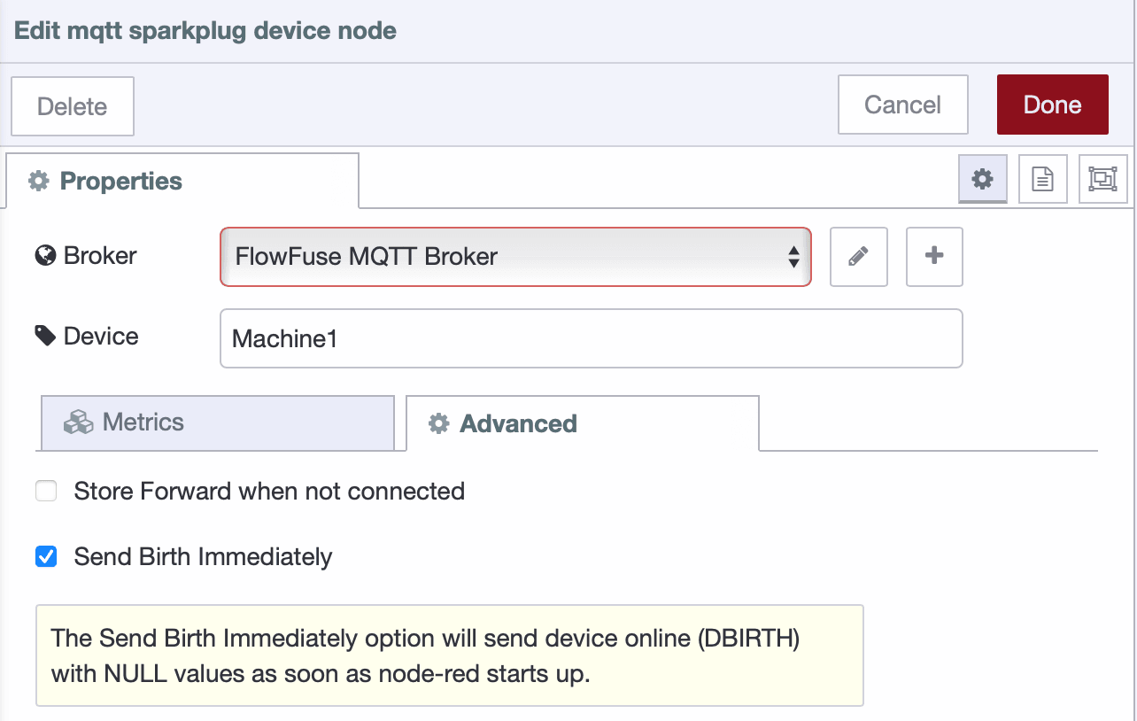 Screenshot showing the Sparkplug Device node configuration and the 'Add' button for defining metrics Screenshot showing the Sparkplug Device node configuration and the "Add" button for defining metrics