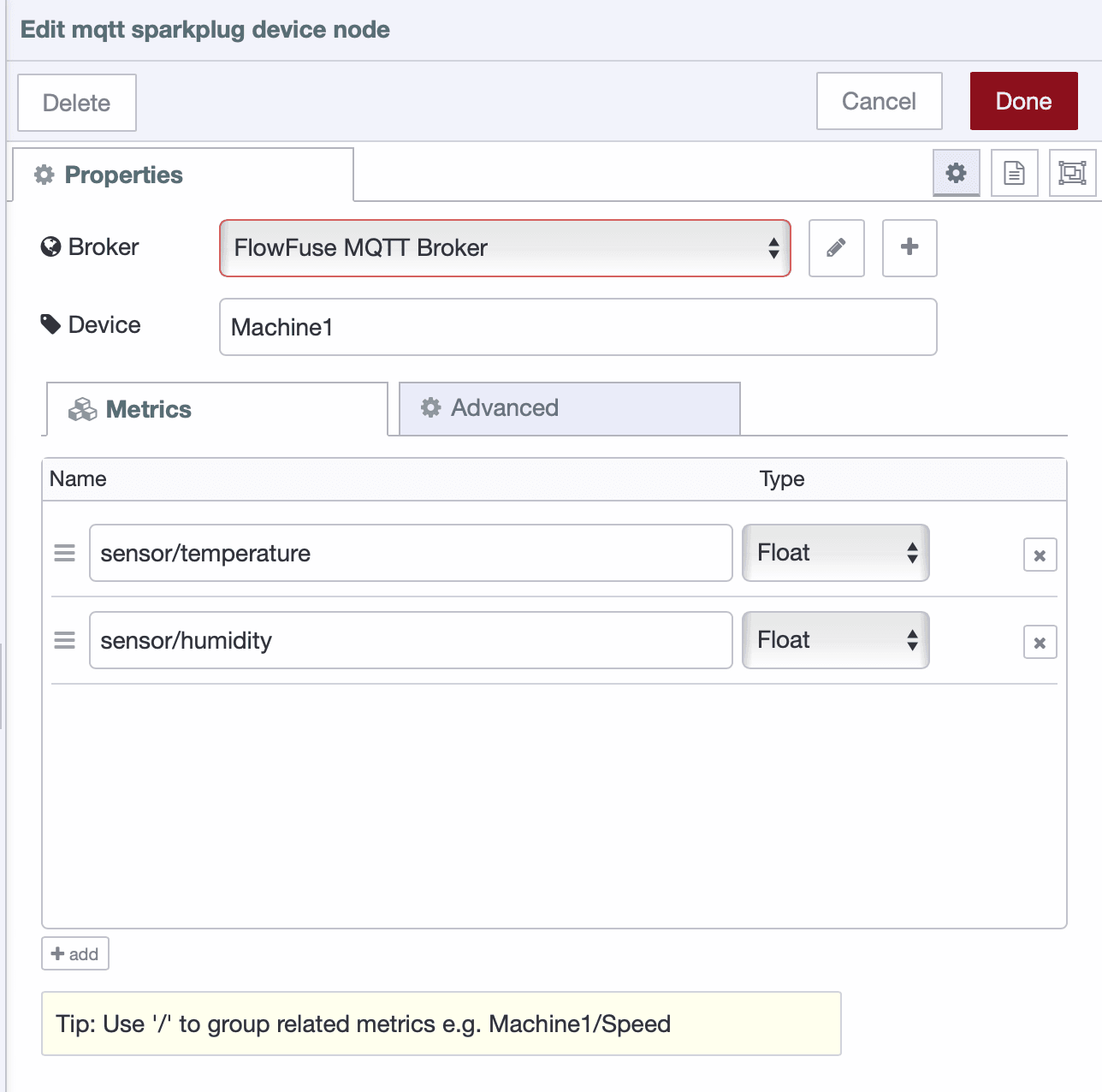 Screenshot showing the Sparkplug Device node configuration and the 'Add' button for defining metrics Screenshot showing the Sparkplug Device node configuration and the "Add" button for defining metrics